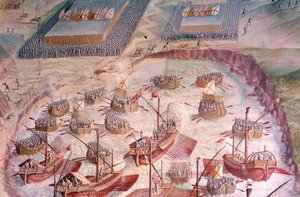 Regata španělských galeon během expedice do Acores v roce 1582 za Filipa II. (1527-1598), španělského krále. Freska ze 16. století. Síň bitev, Palác Escorial, Madrid. od Spanish School