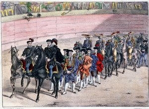Vydání čtyřky, corrida ve Španělsku, litografie sd. 19. století od Spanish School