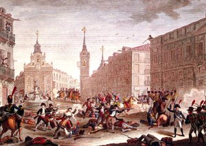 Nepokoje proti napoleonským vojskům, Madrid, květen 1808 (barevná rytina) od Spanish School