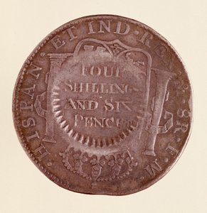 Stříbrná mince (8 realů) ze Španělska: vláda Karla III. (1759-1788). 1777 s kontramarkou 1787. Prům. 3,9 cm Neapol, museo archeologico od Spanish School