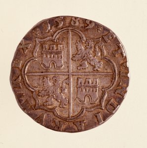 Stříbrná mince (8 realů) ze Španělska: vláda Filipa (Filippo nebo Filip) II (1556-1598). 1589 Prům. 3,5 cm Neapol, museo archeologico od Spanish School