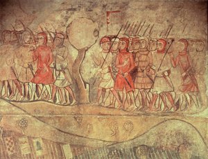 Vojáci z armády krále Jakuba I. (1208-76) skupina pěšáků s luky a kopími, detail z nástěnné malby z bývalého Palacio Reale, Barcelona (nástěnná malba) od Spanish School