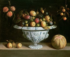 Zátiší s ovocem v modrobílé misce, cca 1630