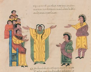 Susanna a starší, z Vizigótsko-mozarabské Bible svatého Isidora, fol. 324v., n. l. 960 (tempera na pergamenu)