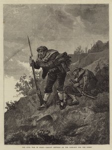 Občanská válka ve Španělsku, Carlist Sentries on the Look-Out for the Enemy (rytina) od Spanish School