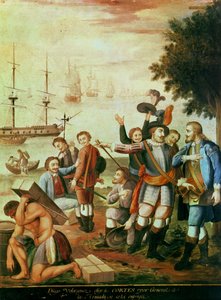 Dobytí Mexika: Diego Velasquez de Cuellar (1465-1524) volí Hernanda Cortese (1485-1547) jako generála armády a dává mu velení (olej na plátně) od Spanish School