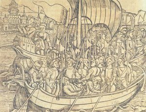 Objevení nového světa od Chrisophera Kolumba (1450-1596) ilustrace z „Obecné historie Indie a nového světa“ od Francisca Lopeze de Gomara (nar. 1510) 1554 (rytina) od Spanish School