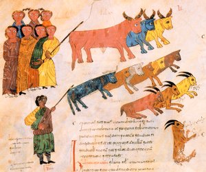 Hebrejci opouštějí Egypt se svým dobytkem, z Vizigótsko-mozarabské Bible svatého Isidora, fol. 38v., 960 n. l. (tempera na pergamenu)