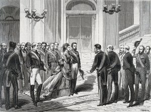 Španělský král Amedee I (Amedeo Ferdinando Maria di Savoia) (1845-1890) a jeho manželka královna Marie Victory dal Pozzo della Cisterna (1847-1876) při příjezdu do královského paláce v Madridu dne 19.3.1871. Rytina z ""La Ilustracion Espanola y America od Spanish School