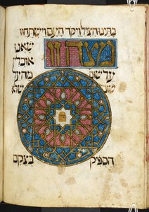 Matsah (nekvašený chléb), jedno z povinných jídel konzumovaných během svátku Pesach, ze Zlaté hagady, Add. 27210, f. 44V (vellum) od Spanish School