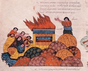 Prorok Eliáš se na hoře Karmel modlí za Boha Izraele, aby byl ospravedlněn dříve, než kněží Baalovi a oheň spadne z nebe (I. Královská 18), fol. 145v., z Vizigótsko-mozarábské Bible sv. od Spanish School