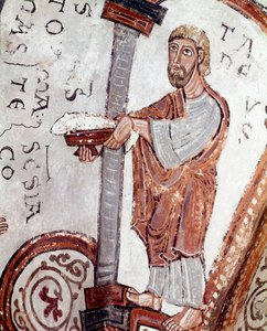 Cyklus měsíců: sluha nabízející ryby. Detail fresky z 12. století z královského panteonu Real Colegiata of San Isidoro (Royal Collegiale of Saint Isidore). Leon. Španělsko od Spanish School