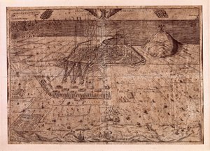 Zvednutí Katalánska nebo válka ženců (1640-1659), velitelství Barcelony po moři i po souši vojsky Filipa IV. Španělského (1605-1665). Rytina 1652. Muzeum historie města, Barcelona. od Spanish School