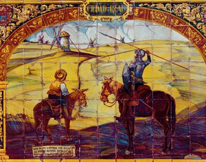 Dlaždice zobrazující Dona Quijota a Sancha Panzu, jak se připravují na útok na větrné mlýny (keramické) od Spanish School