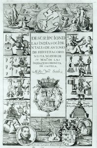 Titulní strana knihy Descripcion de las Indias Ocidentales od Antonia de Herrera y Tordesillas, madridské vydání, 1725 od Spanish School