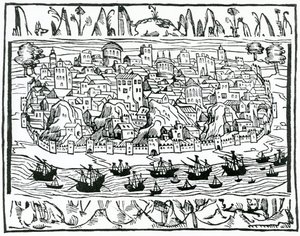 Pohled na Lisabon z Libro de Grandezas y cosas Memoralder de Espana od Pedra Mediny, 1548 od Spanish School