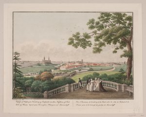 Pohled na Helsingør, Kronborg a Øresund mezi pobřežím Zélandu a Scanie. Nápis na terase v závěsu v Marienlystu od Søren L. Lange