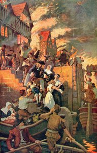 Velký požár Londýna v roce 1666, ilustrace z Hutchinsonovy knihy "The Story of the British Nation", cca 1920 (barevná litografie)