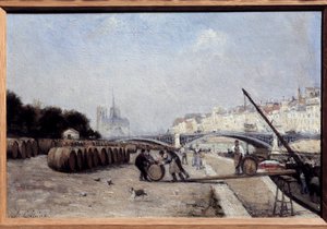 Seina u mostu Sully, vinný přístav, Quai Saint Bernard. Obraz Stanislas Lepine (1835-1892). 1882-1885. Ztlumit. 0,15 x 0,23. Soukromá sbírka