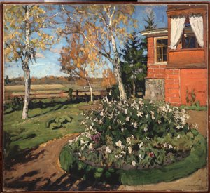 Květinový záhon. (Před domem a venkovskou krajinou). Obraz Stanislava Yulianoviče Žukovského (1873-1944), olej na plátně