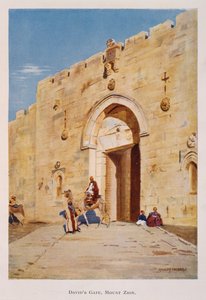 Akvarel od Stanley Inchbold, zobrazující krále Davida nebo Sionskou bránu, v Jeruzalémě, Palestina 1906