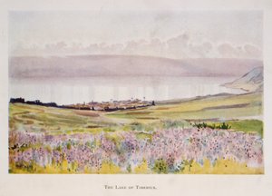 Akvarel od Stanley Inchbold, zobrazující Galilejské jezero v Palestině 1906