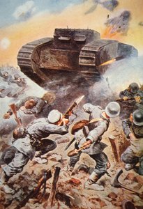 Britský tank v akci proti Němcům na západní frontě v první světové válce