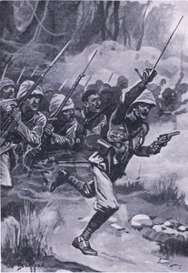 Britové útočí na Ashantis u Amoaful, 31. ledna 1874, ilustrace z britských bitev na souši a na moři, 1915 od Stanley L. Wood