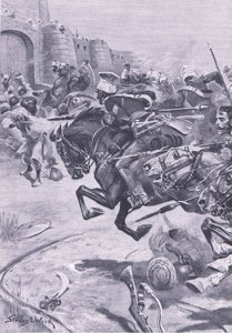 16th Lancers and Skinners Horse, který hnal Jaty do Bharatpuru; Prosinec 1825, ilustrace z britských bitev na souši a moři, 1915 od Stanley L. Wood