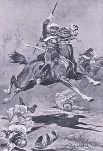 The 9th Lancers at Delhi, 1857, ilustrace z britských bitev na zemi a na moři, 1915 od Stanley L. Wood