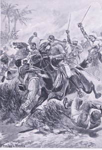 Dobrovolná jízda mimo Lucknow, 30. června 1857, ilustrace z britských bitev na souši a na moři, 1915 od Stanley L. Wood
