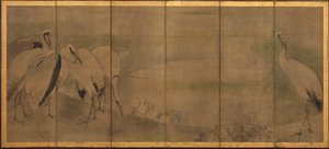 Jeřáby a chryzantémy, období Momoyama nebo Edo, 1568-1868.
