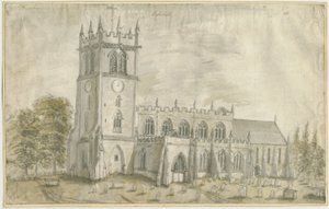 Eccleshall Church: malba vodovými barvami, nd [1762-1802] od Stebbing Shaw