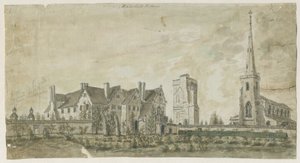 Hamstall Ridware - Church and Manor House: malba vodovými barvami, nd [1762-1802] od Stebbing Shaw
