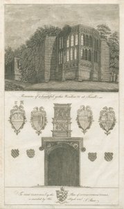 Tixall Hall - Gotické okno a heraldické starožitnosti: rytina, nd [1762-1802] (tisk) od Stebbing Shaw