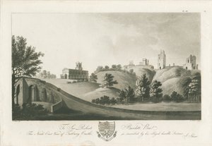 Hrad Tutbury - Severovýchodní pohled: rytina akvatinty, nd [c 1798] (tisk) od Stebbing Shaw