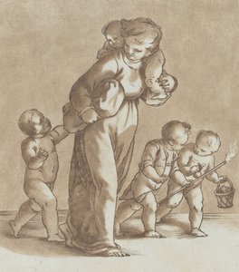 Mladá dívka kráčí doleva s jedním dítětem na rameni a drží další..., ca. 1780.