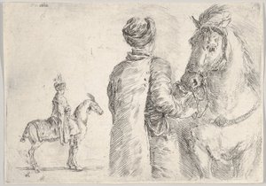 Polský komorník, viděno zezadu, držící uzdu koně vpravo, polský hor..., ca. 1662. od Stefano della Bella
