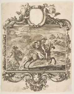 Kavalír a dáma na koni, uvnitř zdobené hranice zdobené ovocem a c..., ca. 1655. od Stefano della Bella