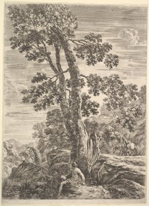 Rybář uprostřed tváří vlevo a opřený o velký strom, žena jdoucí..., ca. 1652-57. od Stefano della Bella