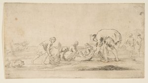 Rybář přinášející své sítě, muž vlevo tlačí balík doprava, dvoumístný..., ca. 1662. od Stefano della Bella
