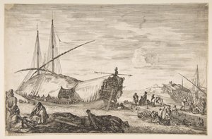 Kuchyňka pokrytá plachtami vlevo, šest děl a čtyři lidé vlevo v popředí, jeden ..., 1655. od Stefano della Bella
