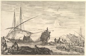 Kuchyňka pokrytá plachtami vlevo, šest děl a čtyři lidé vlevo v popředí..., ca. 1652-57. od Stefano della Bella