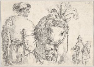 Muž vlevo z profilu dává hrst sena koni uprostřed, jezdec t..., ca. 1662. od Stefano della Bella