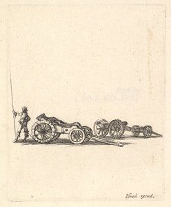 Minomet a kanón, oba namontované na lafetách, voják zobrazený ze zadního sta..., ca. 1638-43. od Stefano della Bella