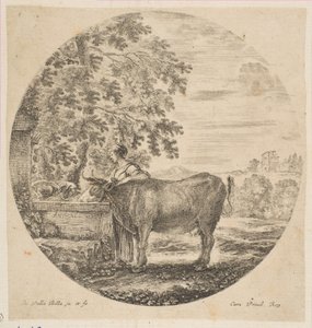 Selka s krávou u fontány zdobené Medicejskými pažemi, ze Six ani..., ca. 1646. od Stefano della Bella
