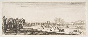 Průvod dělových povozů tažených koňmi doleva, jezdci v boji a mrtvý ho..., ca. 1641. od Stefano della Bella