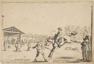 Jezdecká škola, jezdec ve skoku mečem v režii jiného muže s mečem v..., ca. 1645. od Stefano della Bella