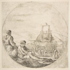 Sedící bílý námořník a stojící černý námořník, lidé staví loď v pozadí..., ca. 1660. od Stefano della Bella