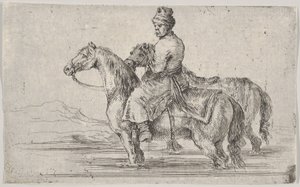 Komorník, který si bere dva koně ke koupání, sedí na jednom koni v řece, na druhém vedle..., ca. 1662. od Stefano della Bella